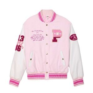 LoveShackFancy Pink and White Varsity Jacket